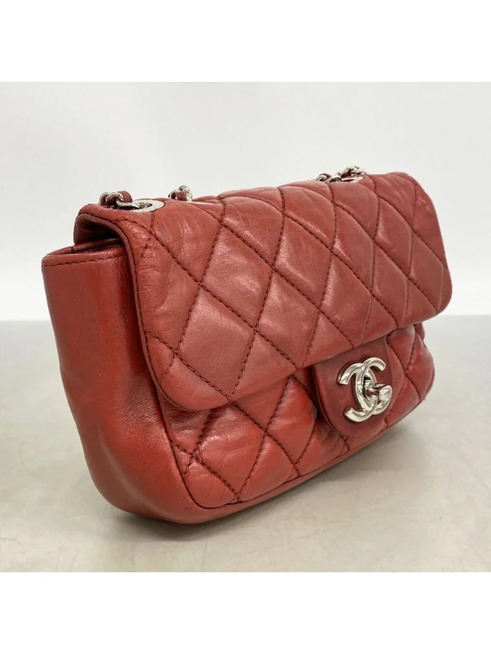 Chanel Shoulder Bag Mini Quilted Lambskin Red Silver